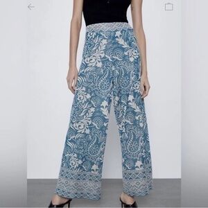 Zara Blue and White Wide-Leg Jumpsuit